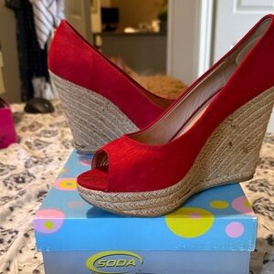 Soda Red Peep-Toe Espadrille Wedge Heels